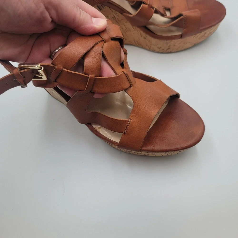 Guess Womens Cognac Brown Leather Strappy Cork Boho Platform Wedge Sandals